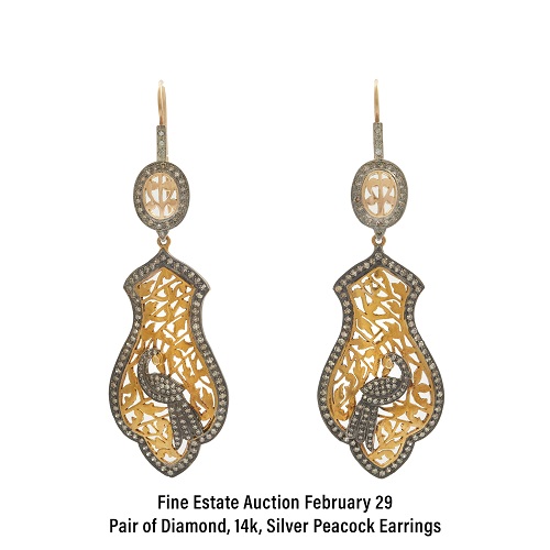 Pair of Diamond, 14k, Silver Peacock Earrings