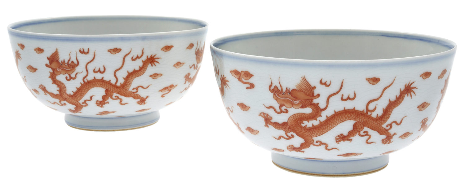 Pair of Iron-Red Painted Dragon Bowls, Kangxi Marks Period 1